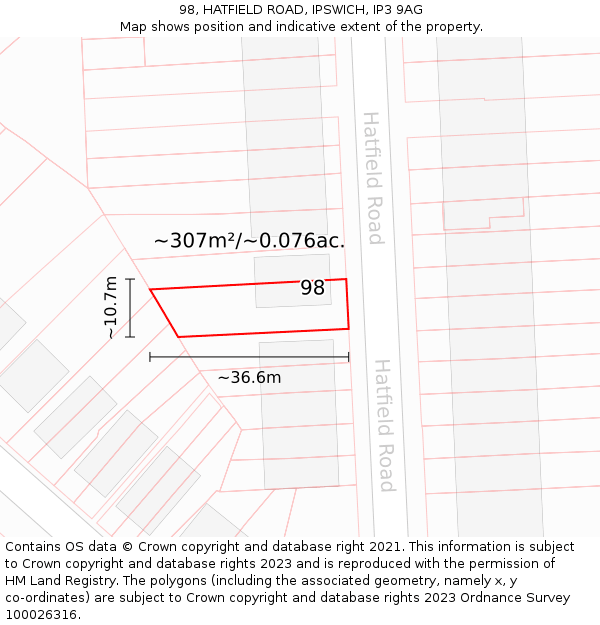 98, HATFIELD ROAD, IPSWICH, IP3 9AG: Plot and title map
