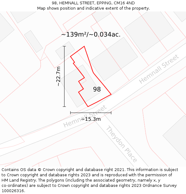 98, HEMNALL STREET, EPPING, CM16 4ND: Plot and title map