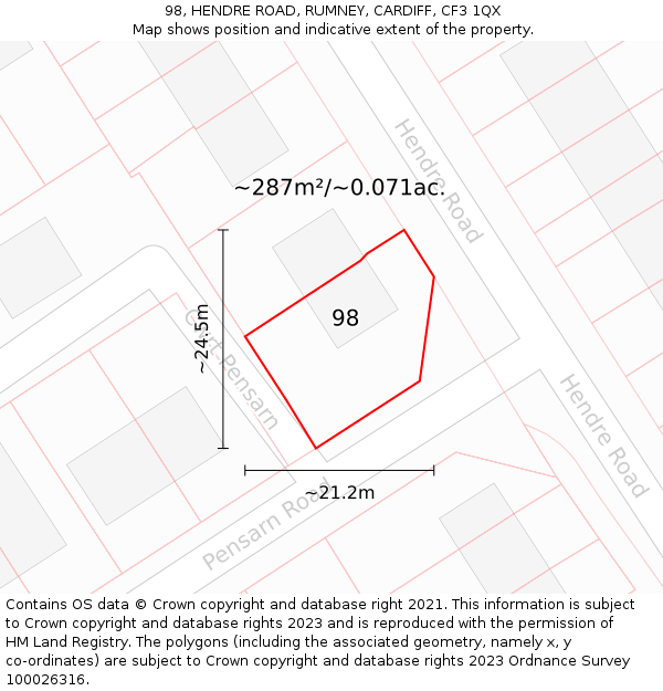 98, HENDRE ROAD, RUMNEY, CARDIFF, CF3 1QX: Plot and title map