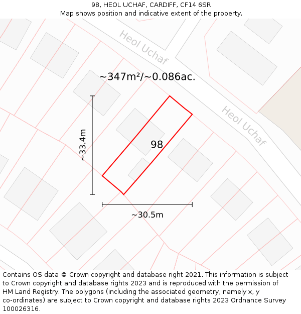 98, HEOL UCHAF, CARDIFF, CF14 6SR: Plot and title map