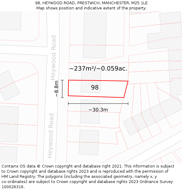 98, HEYWOOD ROAD, PRESTWICH, MANCHESTER, M25 1LE: Plot and title map