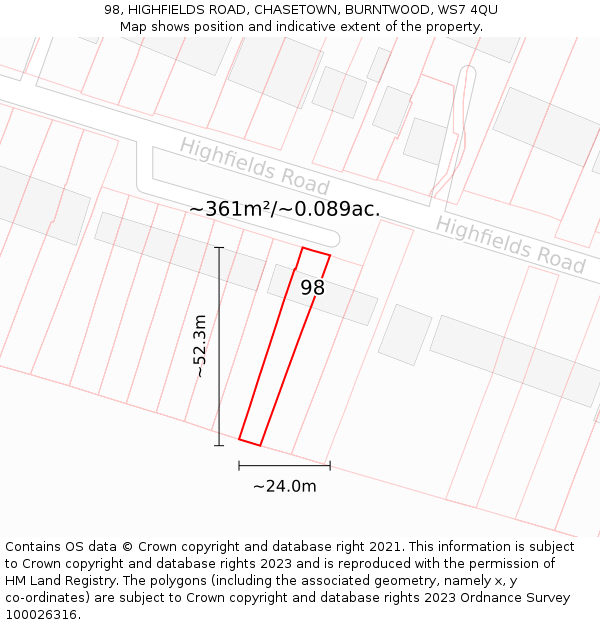 98, HIGHFIELDS ROAD, CHASETOWN, BURNTWOOD, WS7 4QU: Plot and title map
