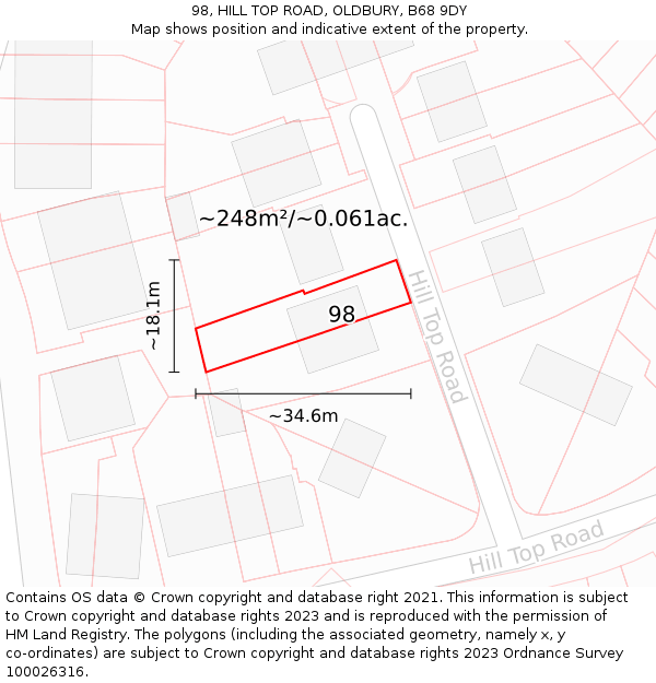 98, HILL TOP ROAD, OLDBURY, B68 9DY: Plot and title map
