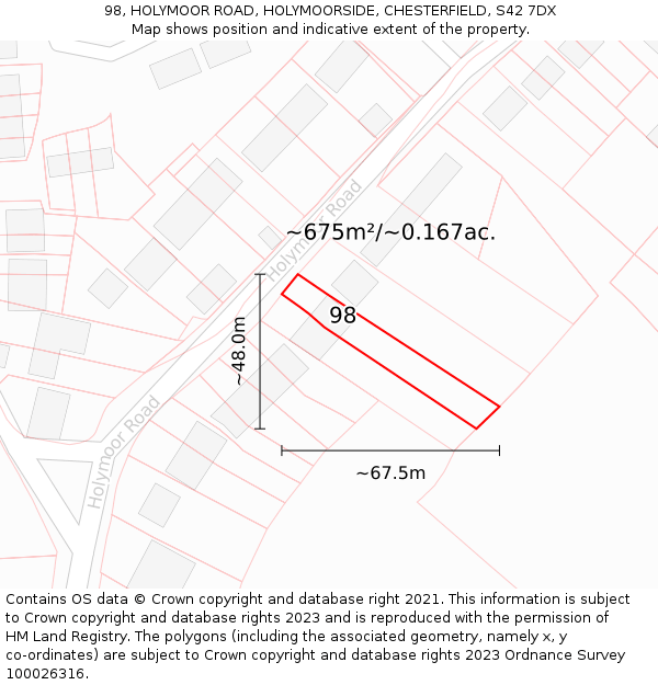 98, HOLYMOOR ROAD, HOLYMOORSIDE, CHESTERFIELD, S42 7DX: Plot and title map
