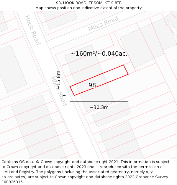 98, HOOK ROAD, EPSOM, KT19 8TR: Plot and title map