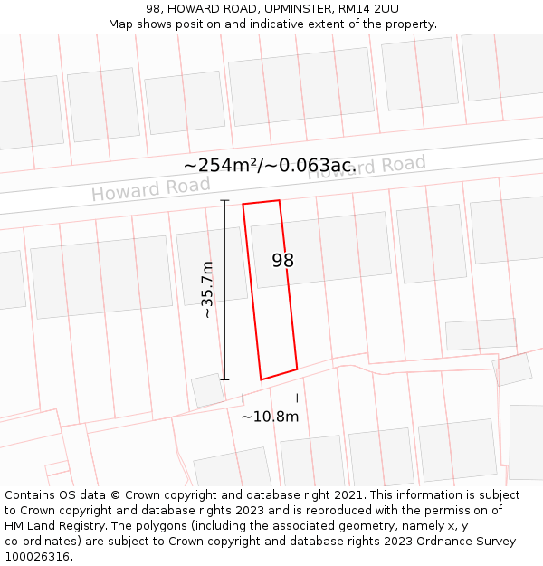 98, HOWARD ROAD, UPMINSTER, RM14 2UU: Plot and title map