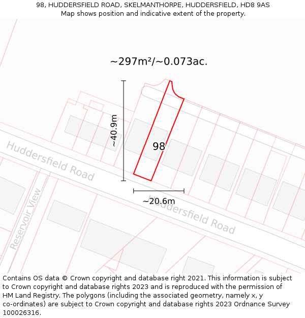 98, HUDDERSFIELD ROAD, SKELMANTHORPE, HUDDERSFIELD, HD8 9AS: Plot and title map