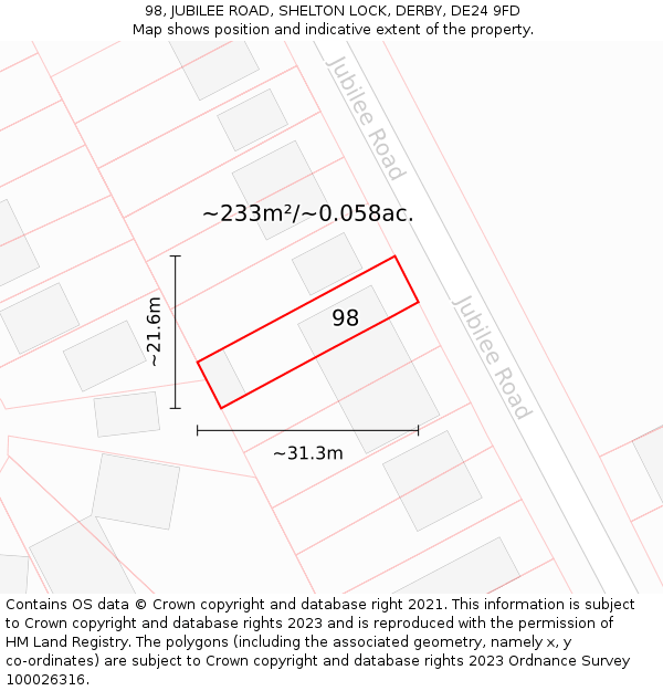 98, JUBILEE ROAD, SHELTON LOCK, DERBY, DE24 9FD: Plot and title map