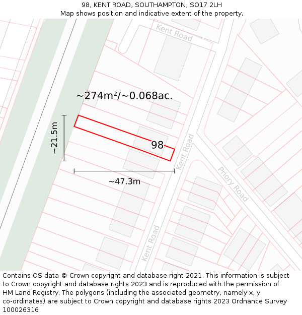 98, KENT ROAD, SOUTHAMPTON, SO17 2LH: Plot and title map