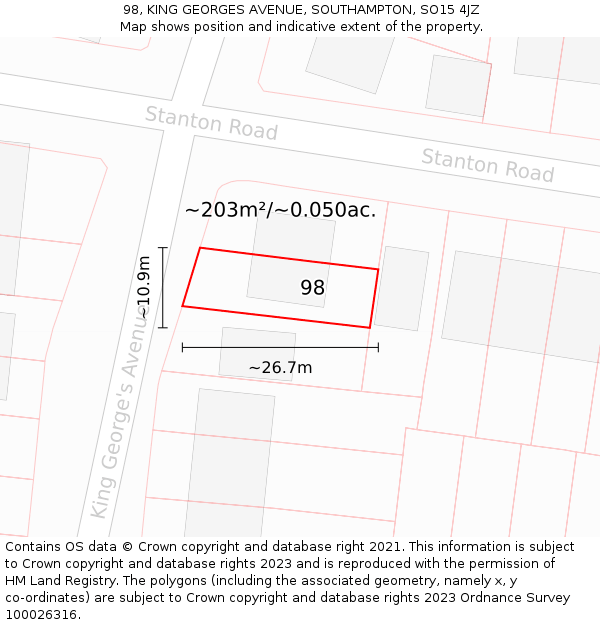 98, KING GEORGES AVENUE, SOUTHAMPTON, SO15 4JZ: Plot and title map