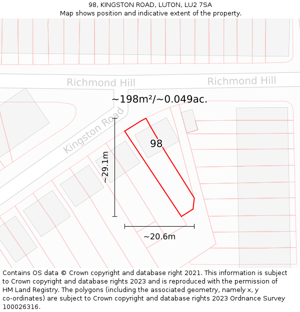 98, KINGSTON ROAD, LUTON, LU2 7SA: Plot and title map
