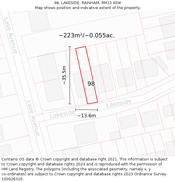 98, LAKESIDE, RAINHAM, RM13 9SW: Plot and title map