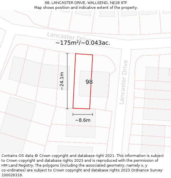 98, LANCASTER DRIVE, WALLSEND, NE28 9TF: Plot and title map