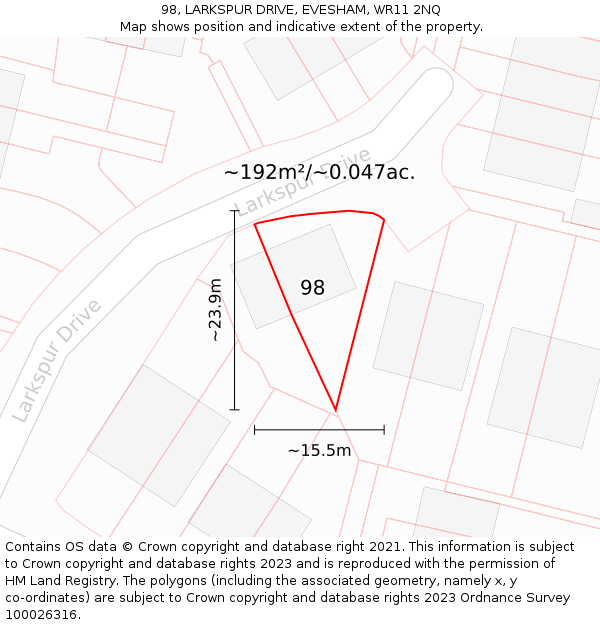 98, LARKSPUR DRIVE, EVESHAM, WR11 2NQ: Plot and title map