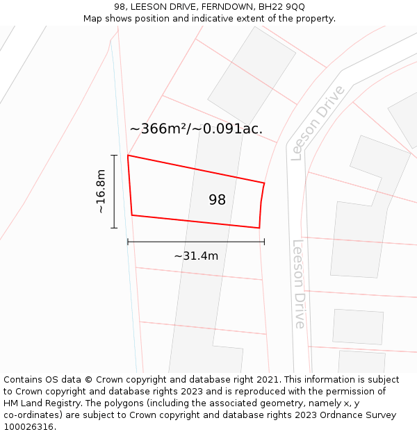 98, LEESON DRIVE, FERNDOWN, BH22 9QQ: Plot and title map