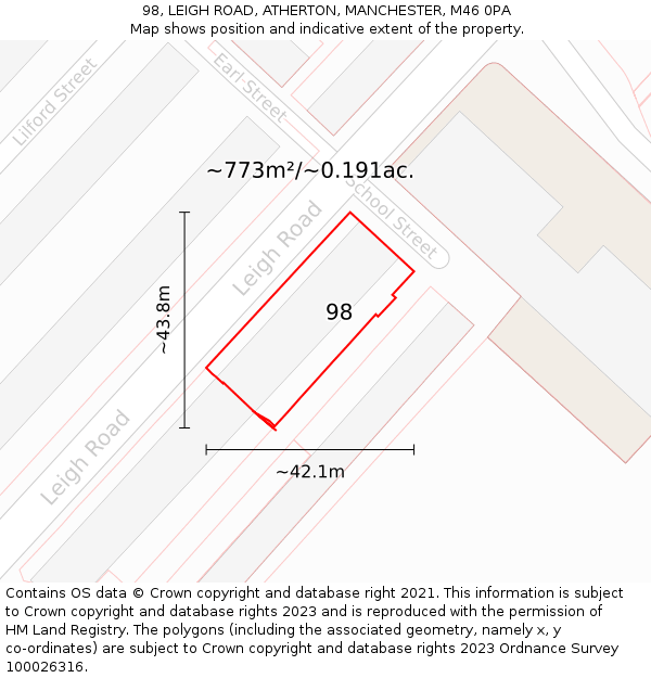 98, LEIGH ROAD, ATHERTON, MANCHESTER, M46 0PA: Plot and title map