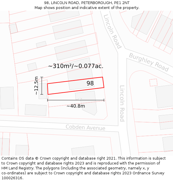 98, LINCOLN ROAD, PETERBOROUGH, PE1 2NT: Plot and title map