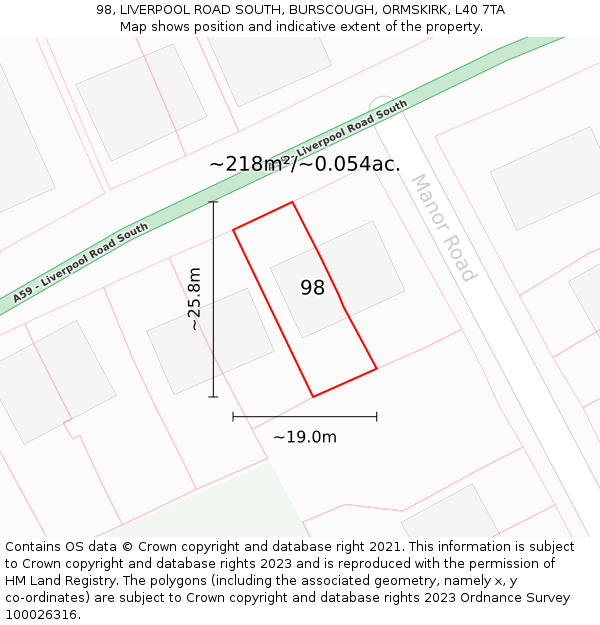 98, LIVERPOOL ROAD SOUTH, BURSCOUGH, ORMSKIRK, L40 7TA: Plot and title map