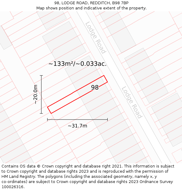 98, LODGE ROAD, REDDITCH, B98 7BP: Plot and title map