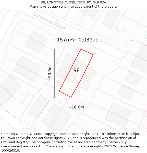 98, LONGTREE CLOSE, TETBURY, GL8 8LW: Plot and title map