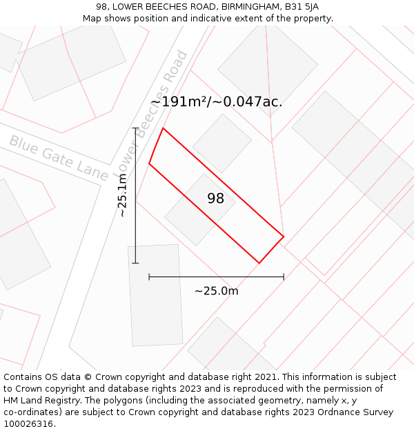 98, LOWER BEECHES ROAD, BIRMINGHAM, B31 5JA: Plot and title map