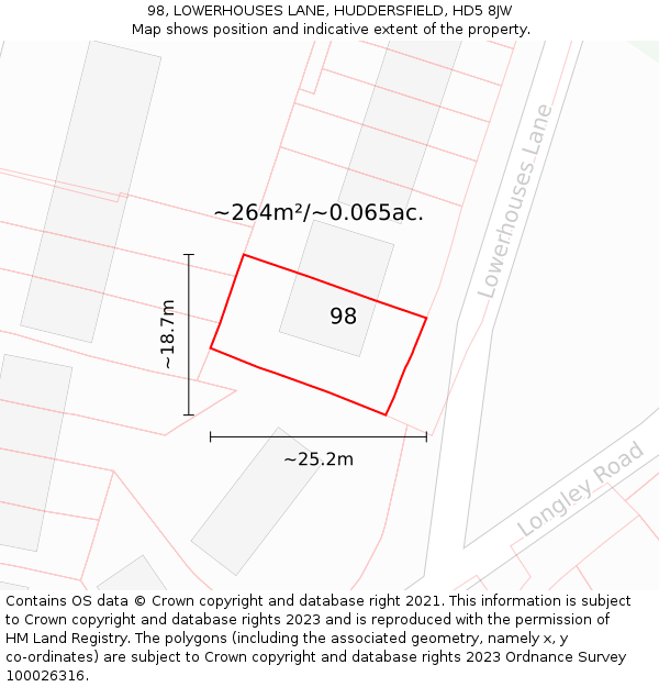 98, LOWERHOUSES LANE, HUDDERSFIELD, HD5 8JW: Plot and title map