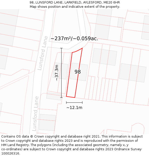 98, LUNSFORD LANE, LARKFIELD, AYLESFORD, ME20 6HR: Plot and title map