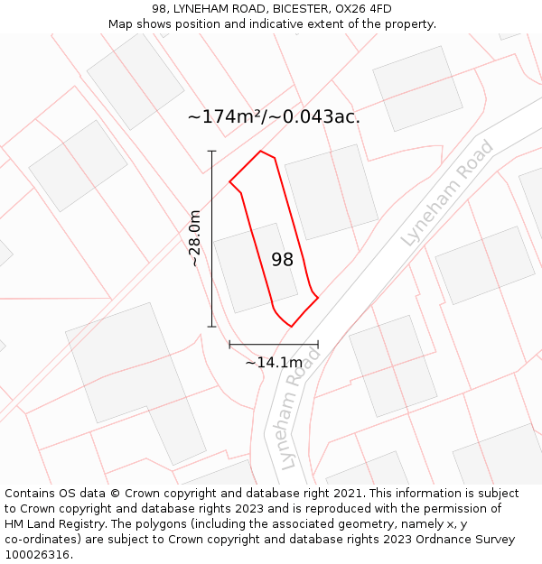 98, LYNEHAM ROAD, BICESTER, OX26 4FD: Plot and title map