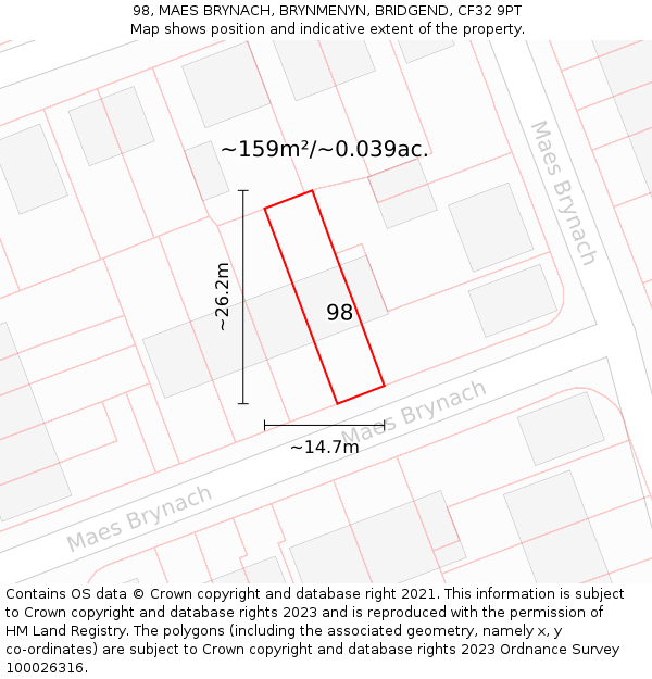 98, MAES BRYNACH, BRYNMENYN, BRIDGEND, CF32 9PT: Plot and title map