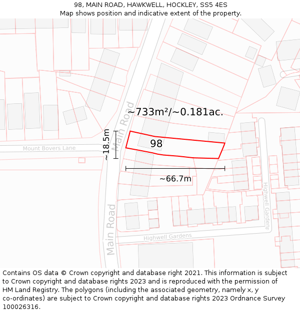 98, MAIN ROAD, HAWKWELL, HOCKLEY, SS5 4ES: Plot and title map