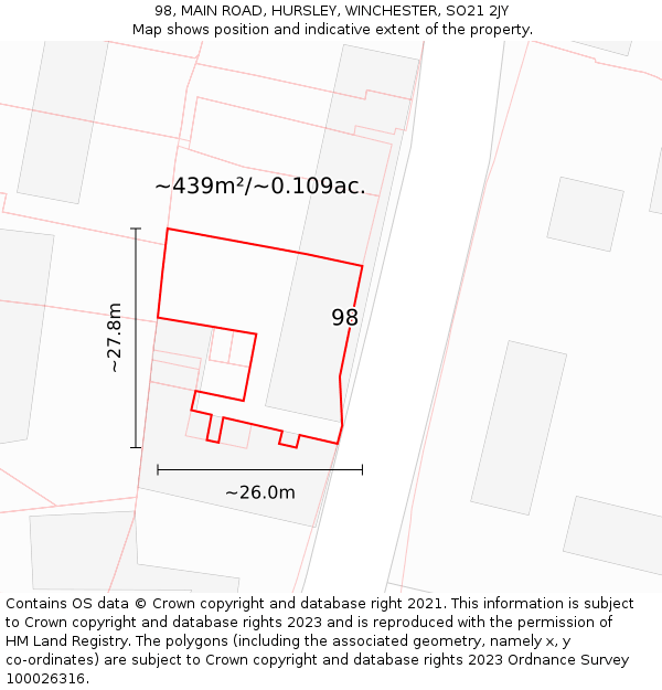 98, MAIN ROAD, HURSLEY, WINCHESTER, SO21 2JY: Plot and title map