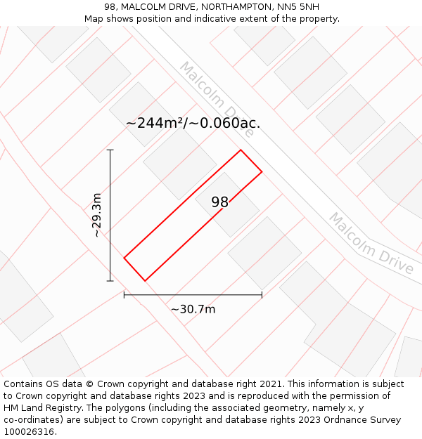 98, MALCOLM DRIVE, NORTHAMPTON, NN5 5NH: Plot and title map