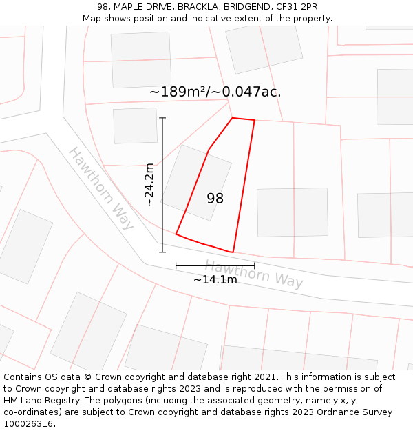 98, MAPLE DRIVE, BRACKLA, BRIDGEND, CF31 2PR: Plot and title map