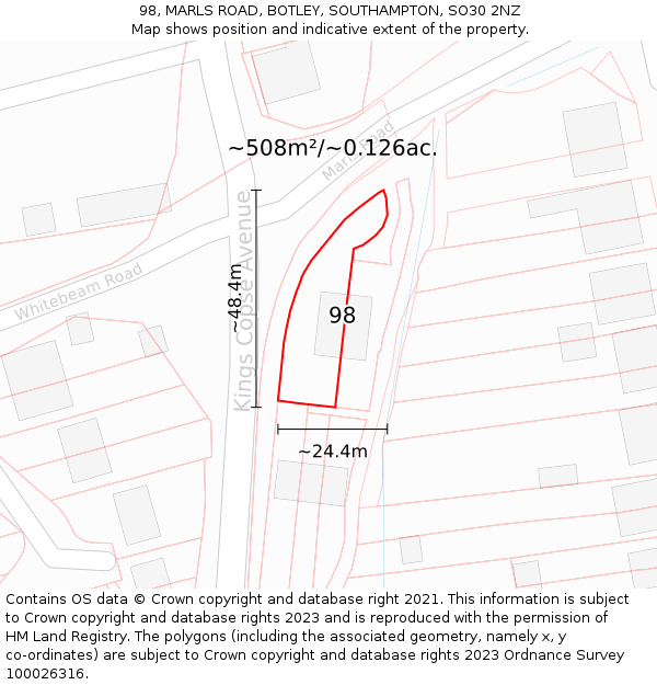 98, MARLS ROAD, BOTLEY, SOUTHAMPTON, SO30 2NZ: Plot and title map