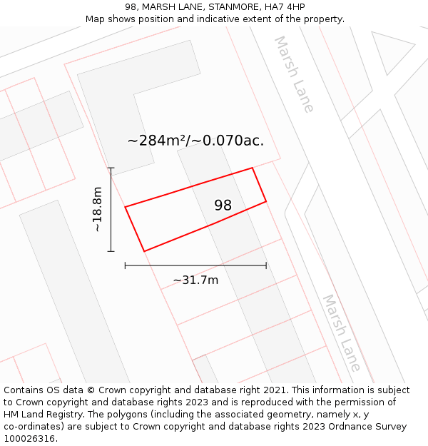 98, MARSH LANE, STANMORE, HA7 4HP: Plot and title map