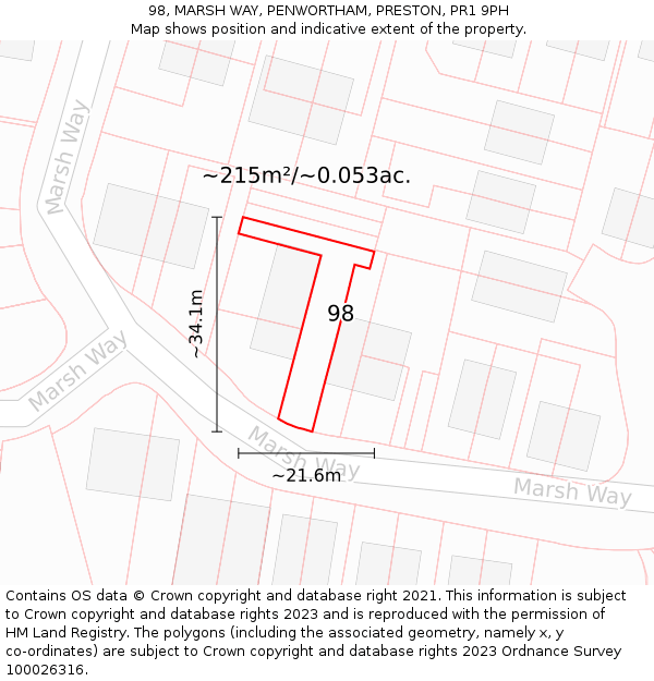 98, MARSH WAY, PENWORTHAM, PRESTON, PR1 9PH: Plot and title map