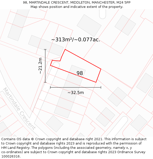 98, MARTINDALE CRESCENT, MIDDLETON, MANCHESTER, M24 5PP: Plot and title map