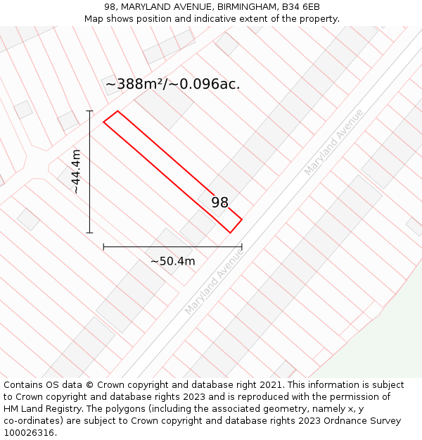 98, MARYLAND AVENUE, BIRMINGHAM, B34 6EB: Plot and title map