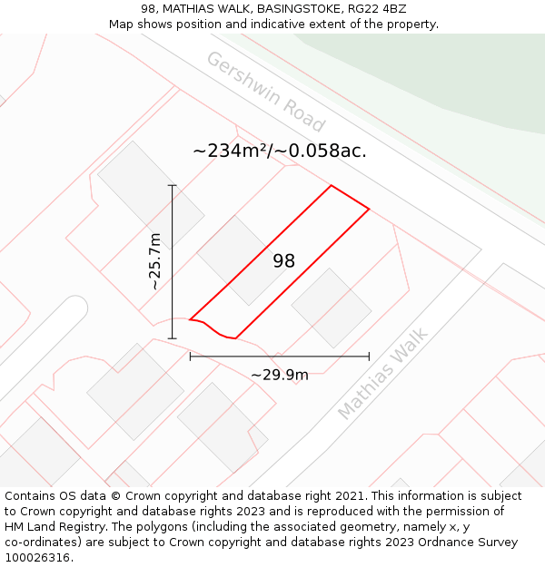 98, MATHIAS WALK, BASINGSTOKE, RG22 4BZ: Plot and title map