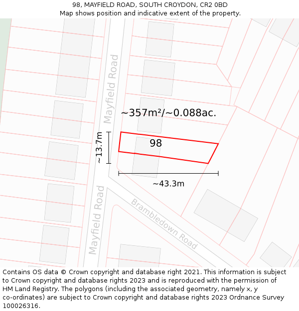 98, MAYFIELD ROAD, SOUTH CROYDON, CR2 0BD: Plot and title map