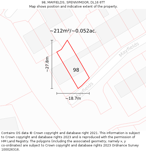 98, MAYFIELDS, SPENNYMOOR, DL16 6TT: Plot and title map