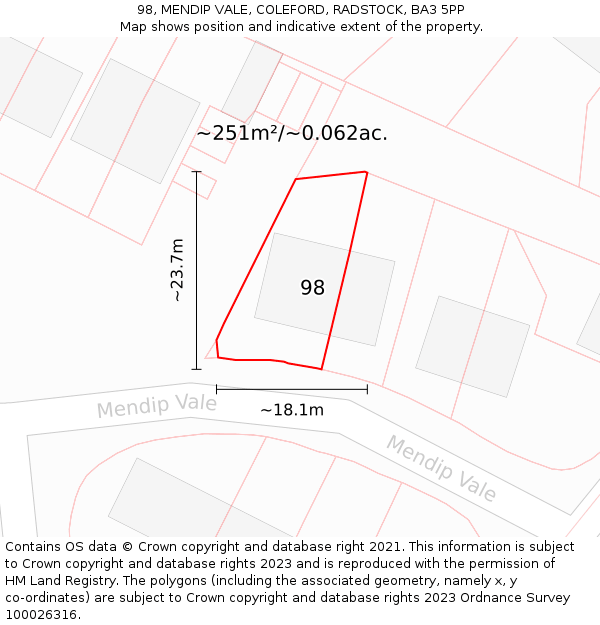 98, MENDIP VALE, COLEFORD, RADSTOCK, BA3 5PP: Plot and title map