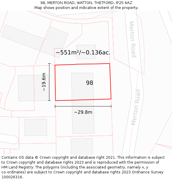 98, MERTON ROAD, WATTON, THETFORD, IP25 6AZ: Plot and title map
