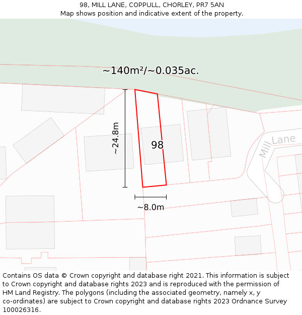 98, MILL LANE, COPPULL, CHORLEY, PR7 5AN: Plot and title map