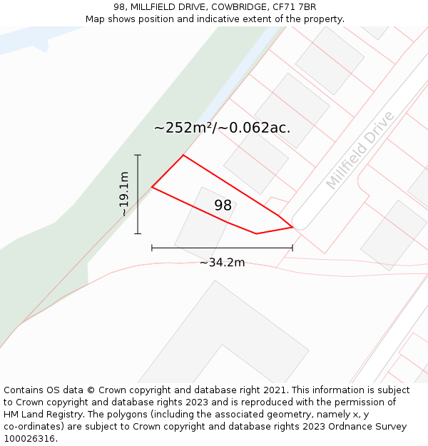 98, MILLFIELD DRIVE, COWBRIDGE, CF71 7BR: Plot and title map