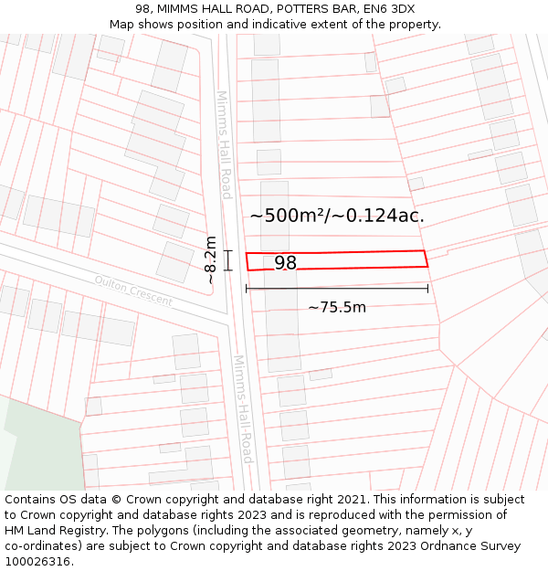 98, MIMMS HALL ROAD, POTTERS BAR, EN6 3DX: Plot and title map
