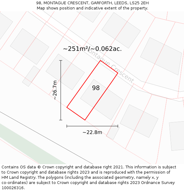98, MONTAGUE CRESCENT, GARFORTH, LEEDS, LS25 2EH: Plot and title map
