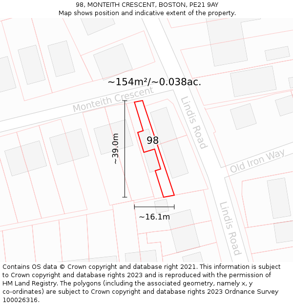 98, MONTEITH CRESCENT, BOSTON, PE21 9AY: Plot and title map