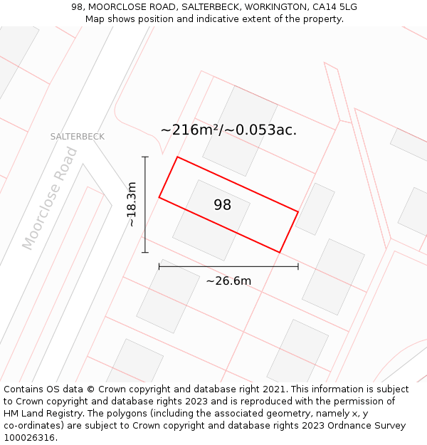 98, MOORCLOSE ROAD, SALTERBECK, WORKINGTON, CA14 5LG: Plot and title map