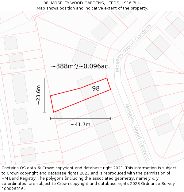 98, MOSELEY WOOD GARDENS, LEEDS, LS16 7HU: Plot and title map
